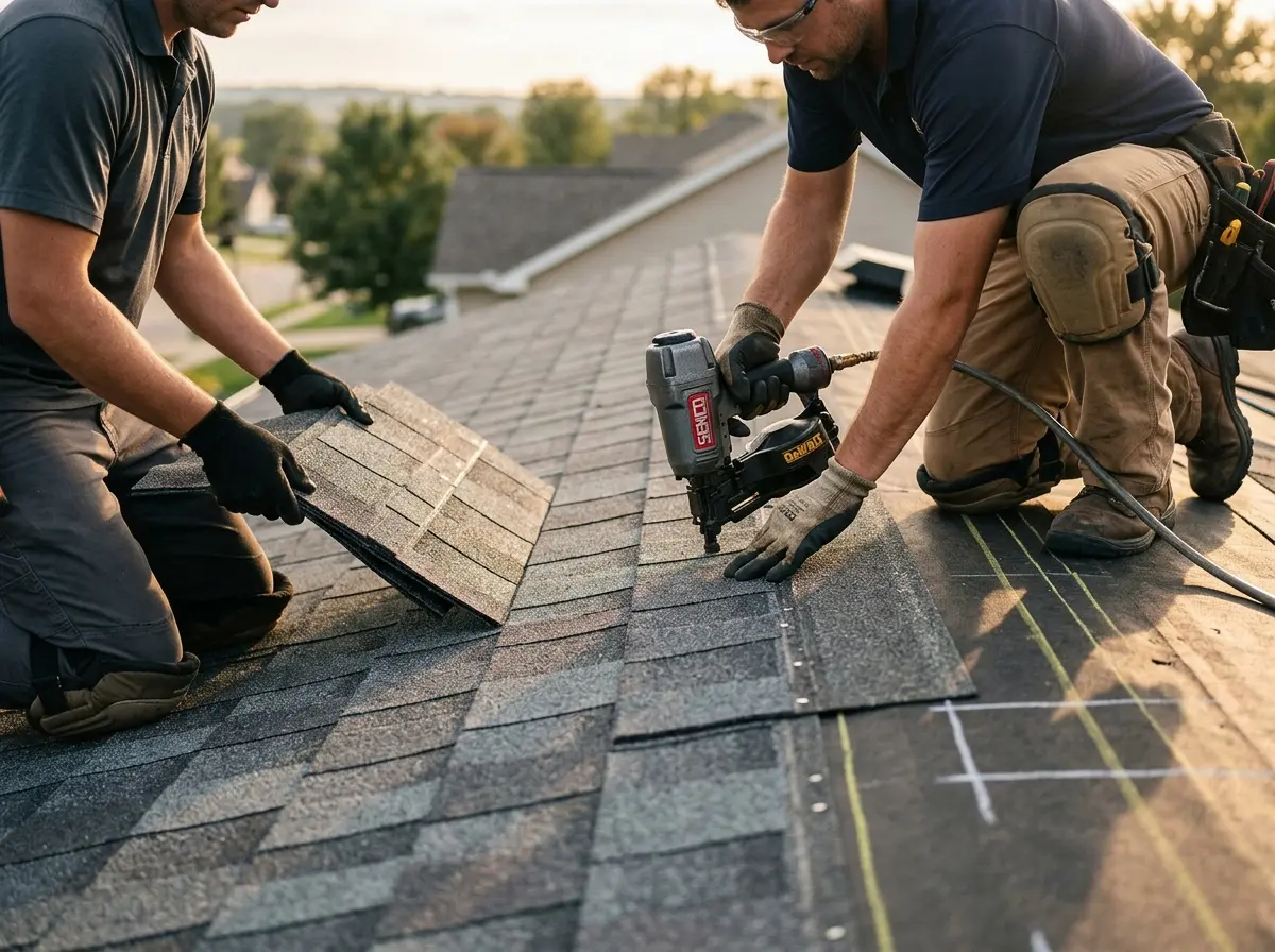 Professional roofer working on a residential roof in Unionville